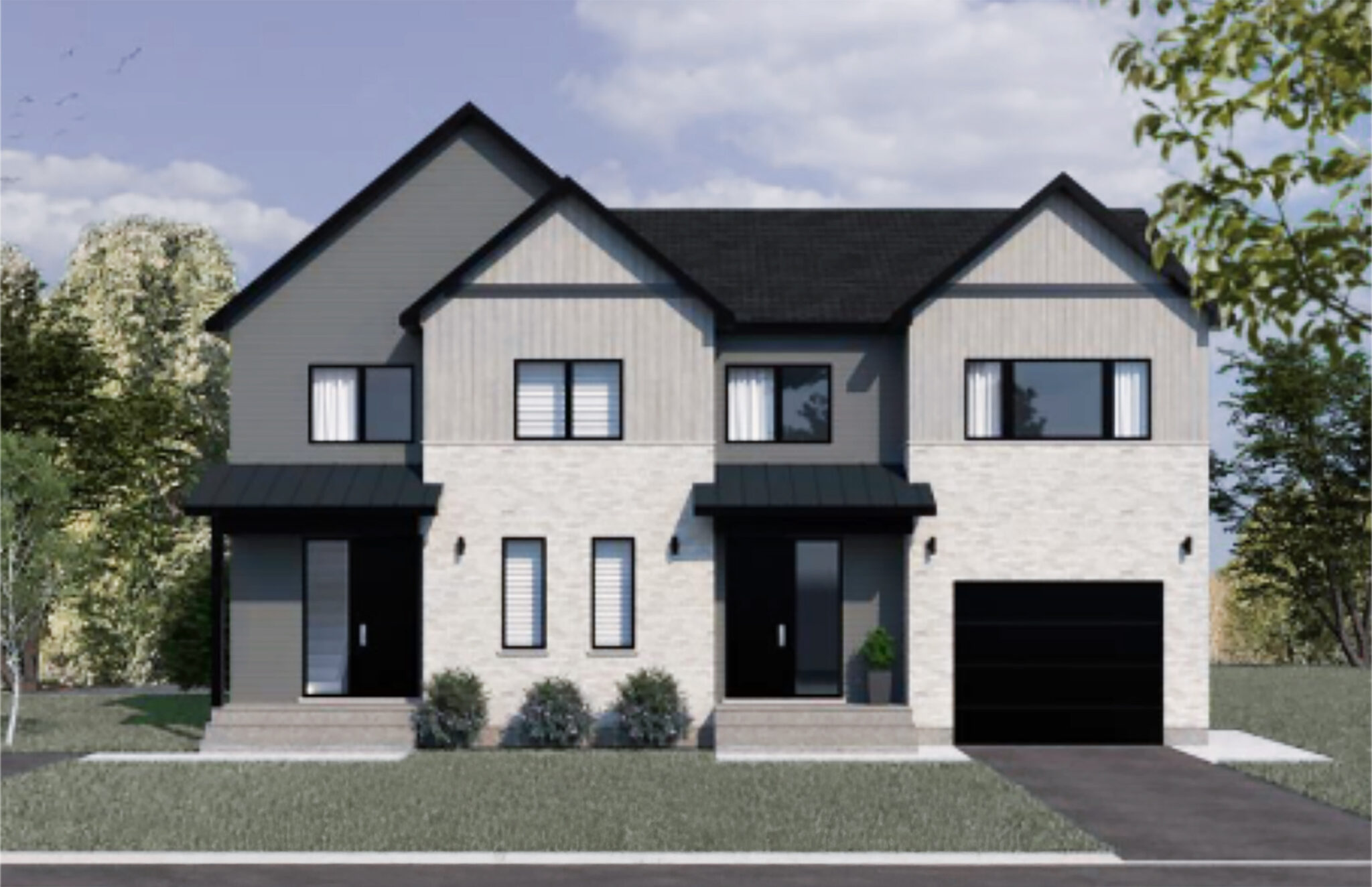 Modèle de jumelé de style moderne et dans les teintes de gris et noir, vu de face, en angle